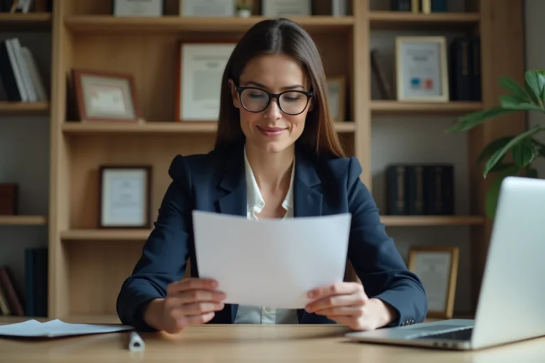 Femme professionnelle vérifiant l'authenticité d'un diplôme RNCP sur son bureau